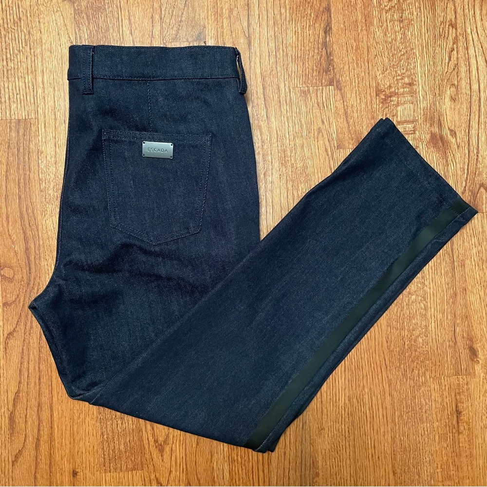 Escada navy blue side jeans with black side trim size 42